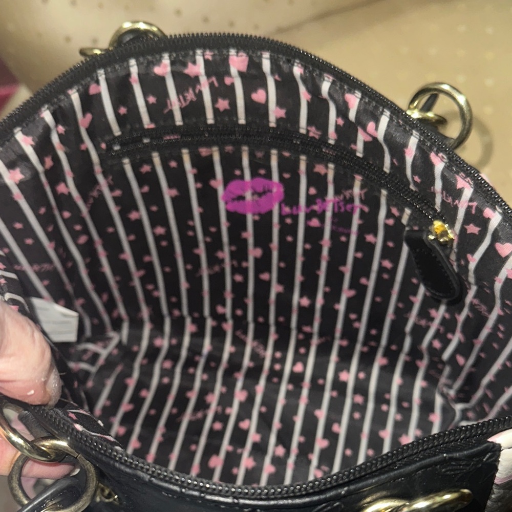 Betsey Johnson Black and Pink Striped Floral Satchel - Picture 8 of 8